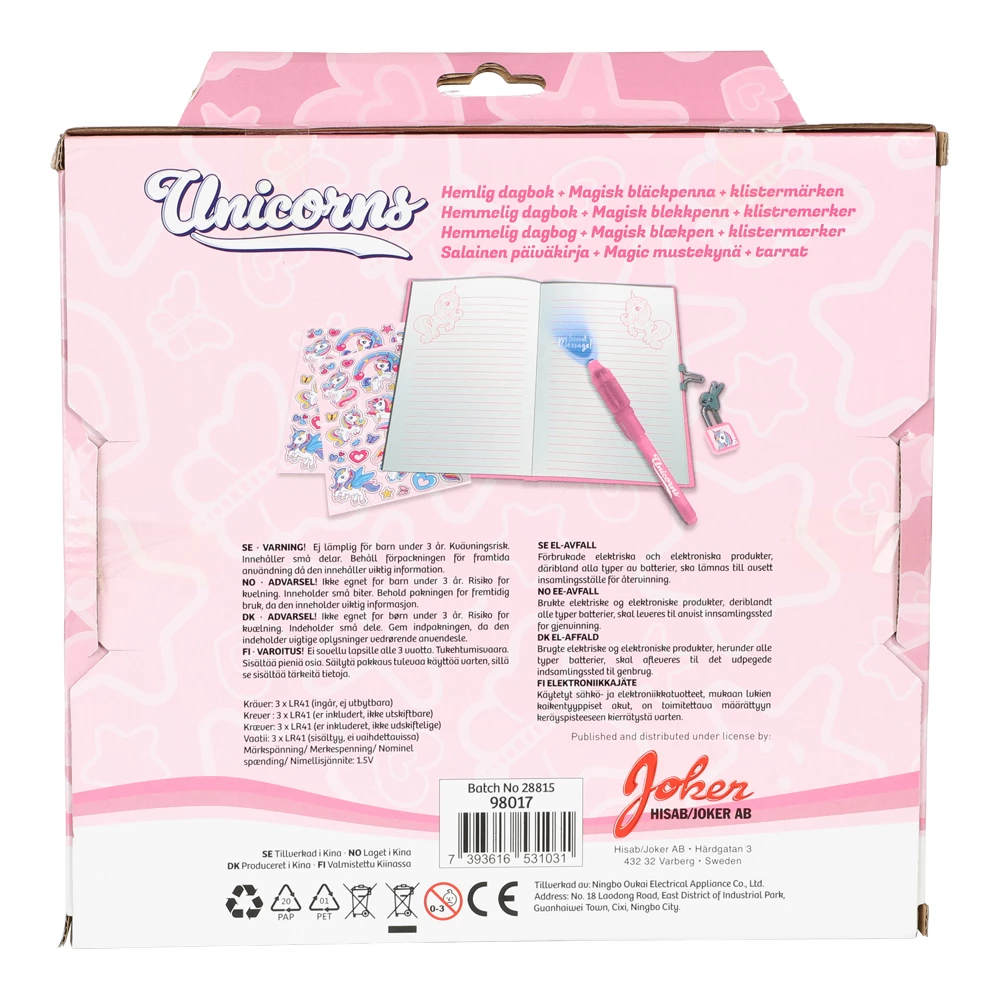 Dagboksset enh�rning med l�s - penna och klisterm�rken