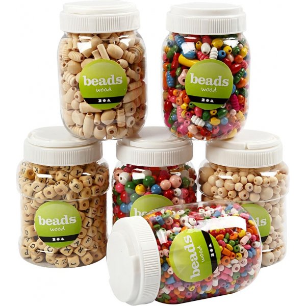 Träpärlor - blandade färger och storlekar - 6 x 400 ml Träpärlor - blandade färger och storlekar - 6 x 400 ml