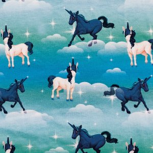 Mönstrad trikå 145 cm - Blue sky unicorn Mönstrad trikå 145 cm - Blue sky unicorn