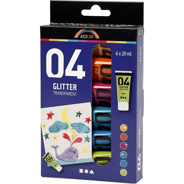 Skolfärg - Akryl - Glitter - mixade färger - 6 x 20 ml Skolfärg - Akryl - Glitter - mixade färger - 6 x 20 ml