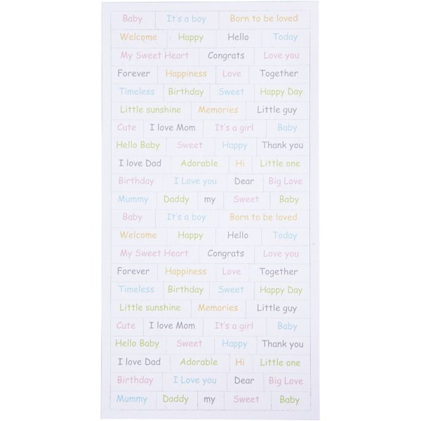 Klistremerkeark Baby pastellfarger engelske ord 12x23 cm 2x84 stk Klistremerkeark Baby pastellfarger engelske ord 12x23 cm 2x84 stk