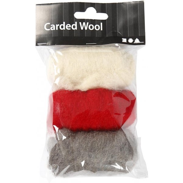 Kardad Ull - röd/vit harmoni - 3 x 10 g Kardad Ull - röd/vit harmoni - 3 x 10 g