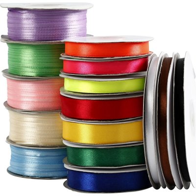 Satinbnd - sortiment - blandede farver - 15 ruller