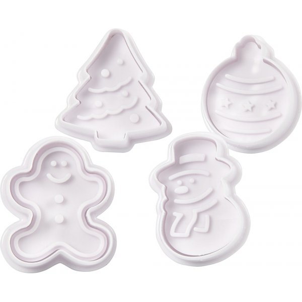 Utsticksform med prägel - vit - julgran - snögubbe - pepparkaksgubbe - kula Utsticksform med prägel - vit - julgran - snögubbe - pepparkaksgubbe - kula