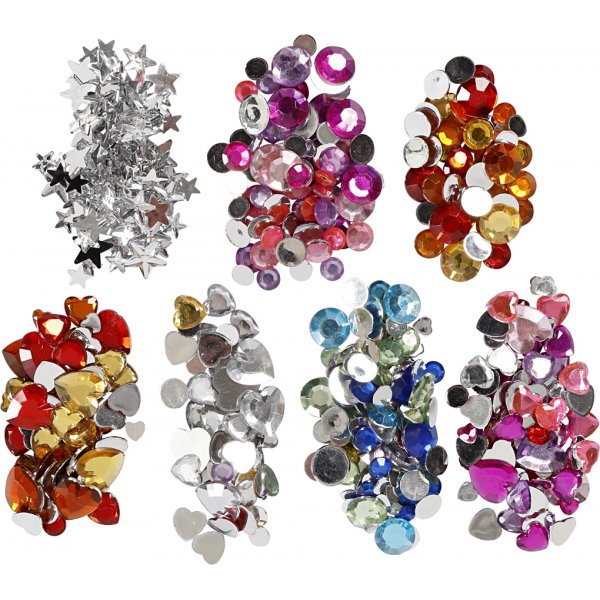 Rhinestones i ask - blå - rosa - silver - runda - stjärnor - hjärtan - Ø6+7+9+10+11+12+14+16 mm - 300 st Rhinestones i ask - blå - rosa - silver - runda - stjärnor - hjärtan - Ø6+7+9+10+11+12+14+16 mm - 300 st