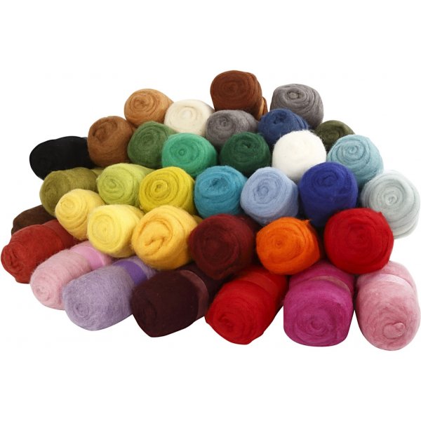 Kardad Ull - mixade färger - 35 x 100 g Kardad Ull - mixade färger - 35 x 100 g