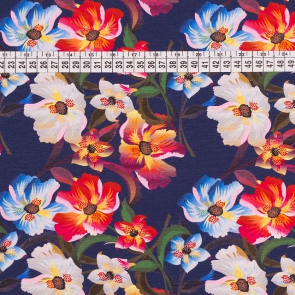 Mönstrad Trikå 160 cm - Stiliga Blommor Mörkblå Mönstrad Trikå 160 cm - Stiliga Blommor Mörkblå
