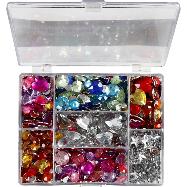 Rhinestones i ask - blå - rosa - silver - runda - stjärnor - hjärtan - Ø6+7+9+10+11+12+14+16 mm - 300 st Rhinestones i ask - blå - rosa - silver - runda - stjärnor - hjärtan - Ø6+7+9+10+11+12+14+16 mm - 300 st