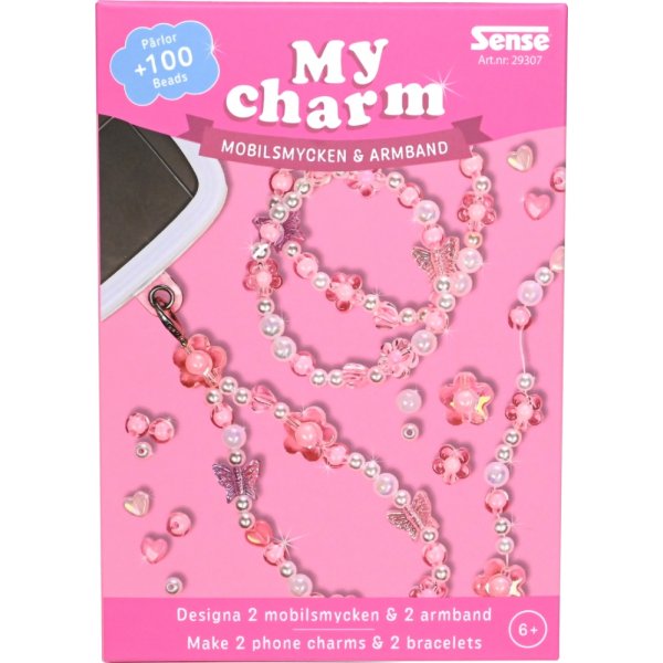 P�rlset mobil�smycke och armband rosa - g�r egna