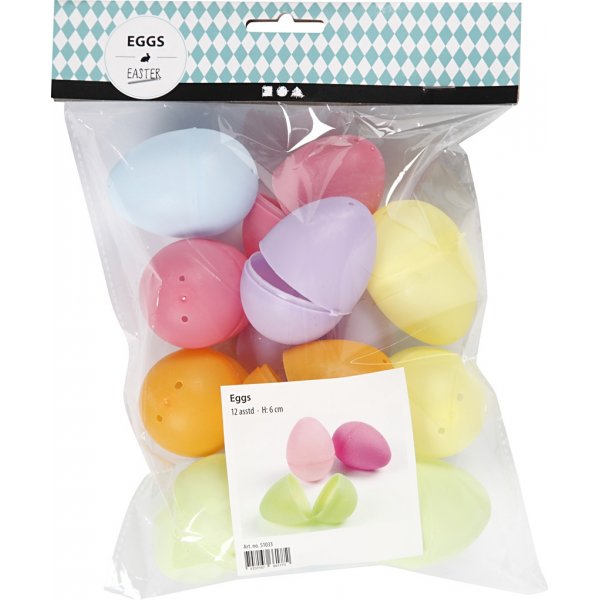 Ägg av plast - 2-delad - pastellfärger - H6 cm - 12 st Ägg av plast - 2-delad - pastellfärger - H6 cm - 12 st