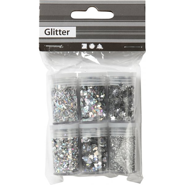 Glitter och paljetter - silver - 6 x 5 g