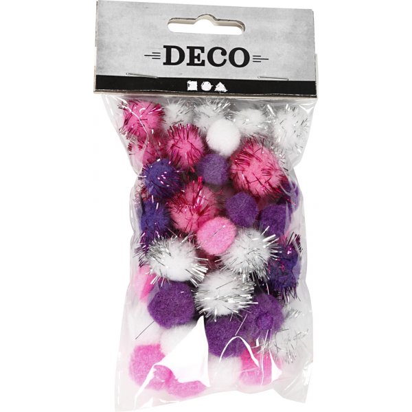 Pompomer - lila - ljusröd - vit - 48 st Pompomer - lila - ljusröd - vit - 48 st