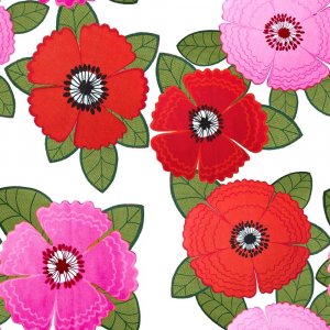 Mönstrad Trikå 150 cm - Zinnia Röd Rosa Blommor Vit 
