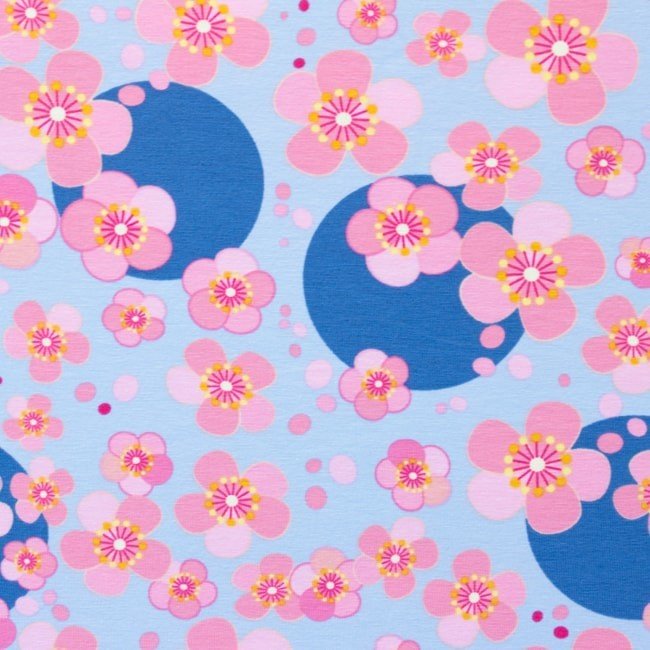 Jersey med print - Flower power - Jeansblå - Mønstret strik, Strikstof, Stof