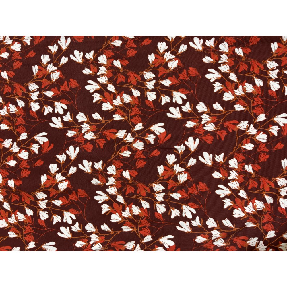 Jersey med print - Magnolia - Murstensrød - Strikstof med blomster og planter, Strikstof, Stof