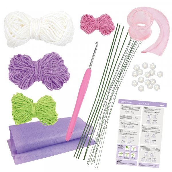 Virkset blombukett lila