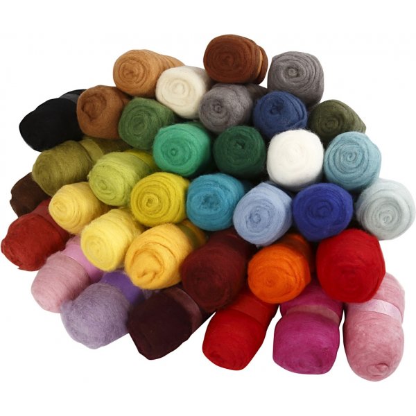 Kardad Ull - mixade färger - 35 x 100 g Kardad Ull - mixade färger - 35 x 100 g