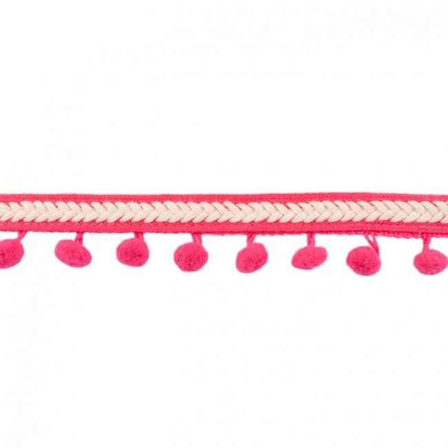 Dekorbånd - Pom Pom, Herringbone - Fuchsia - Kuglefrynse, Snor, Tekstilbånd & snor
