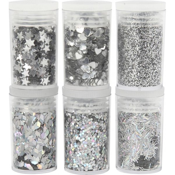 Glitter och paljetter - silver - 6 x 5 g