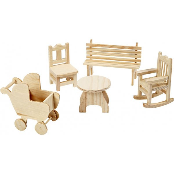 Minimöbler - 5-pack - stol - bänk - gungstol - bord - barnvagn Minimöbler - 5-pack - stol - bänk - gungstol - bord - barnvagn