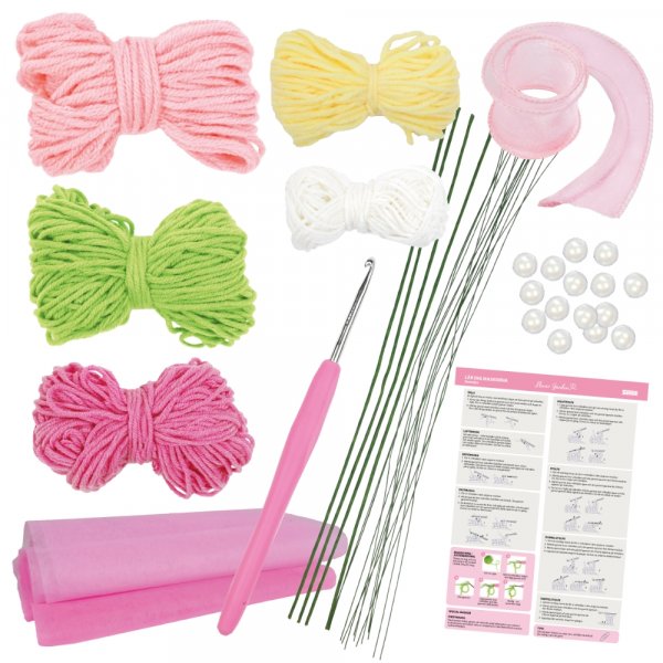 Virkset blombukett rosa