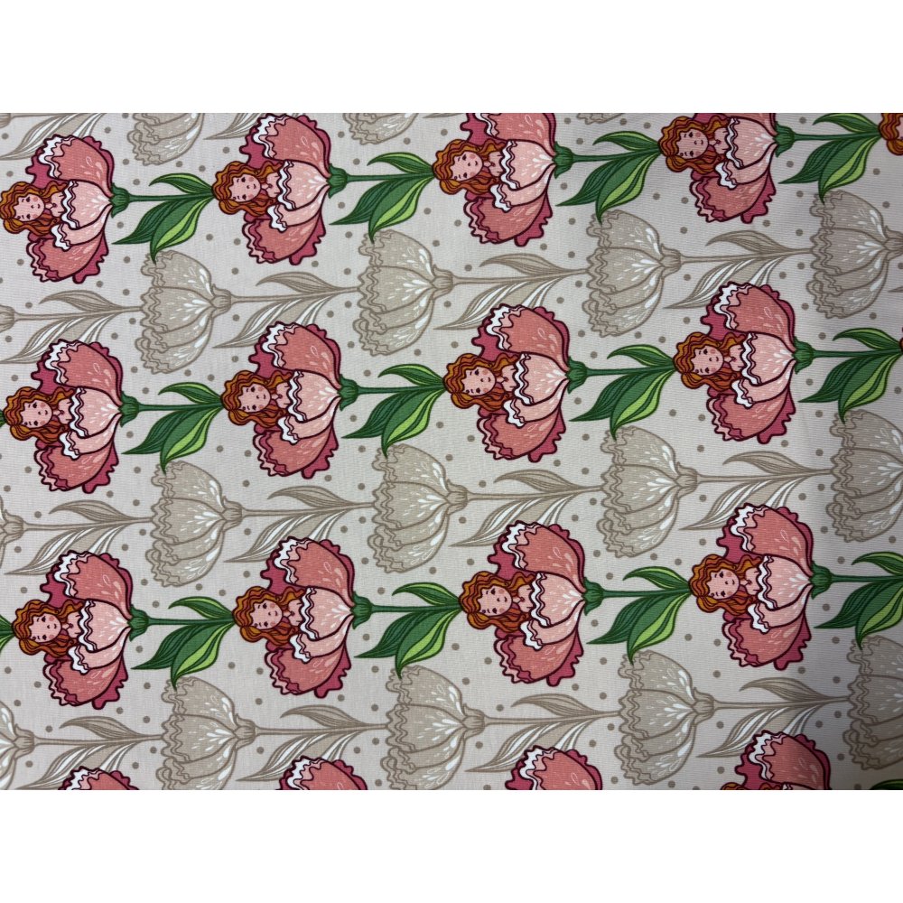 Jersey med print - Blomsterpige - Lyst Sand - Mønstret strik, Strikstof, Stof