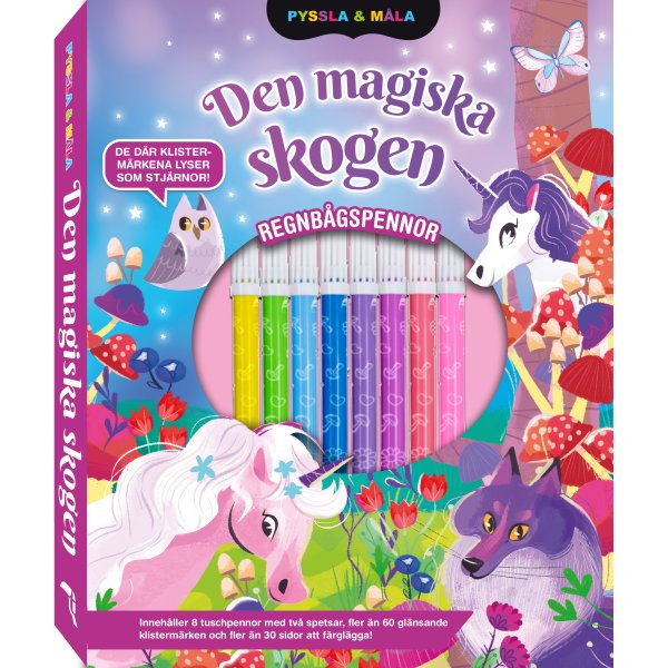Lag og mal Den magiske skogen - fargeleggingsbok med tusjpenner og 60 klistremerker