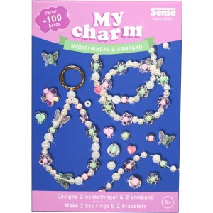 P�rlset armband och nyckelring gr�n rosa - g�r egna