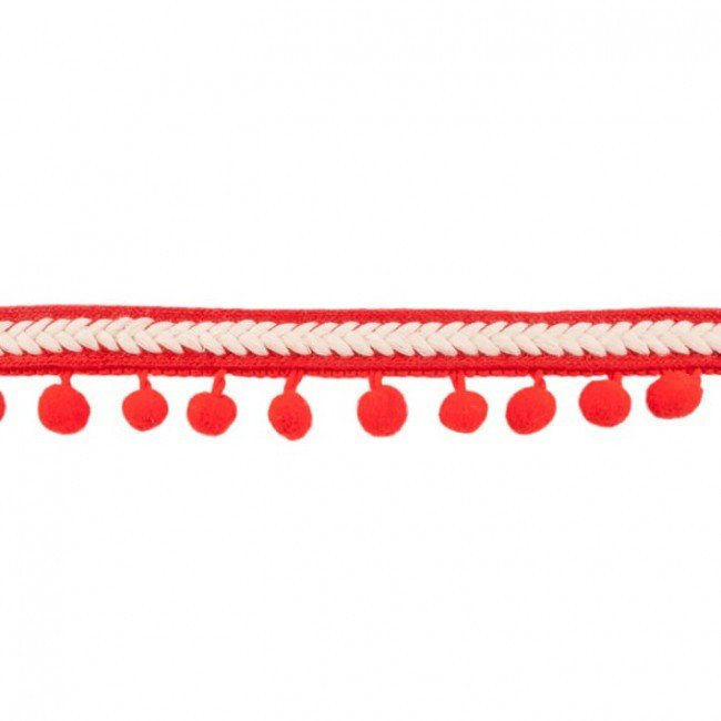 Dekorbånd - Pom Pom, Herringbone - Rød - Kuglefrynse, Snor, Tekstilbånd & snor