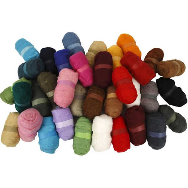 Kardad Ull - mixade färger - 35 x 100 g Kardad Ull - mixade färger - 35 x 100 g