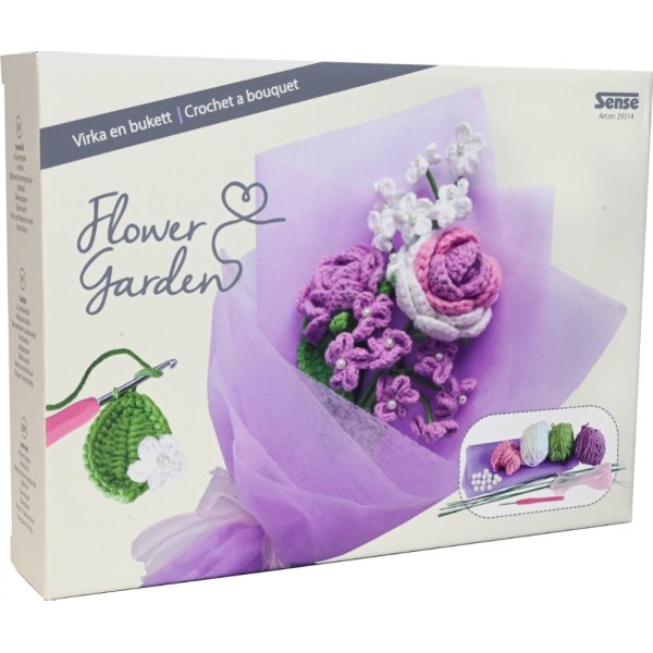 Virkset blombukett lila