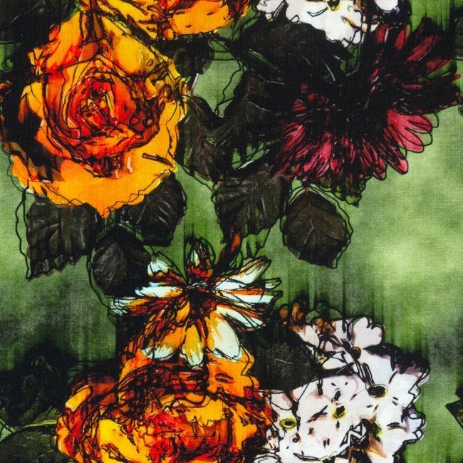 Jersey med print - Digi Mix Botein - Skitseblomst - Digitalt print strik, Strikstof, Stof