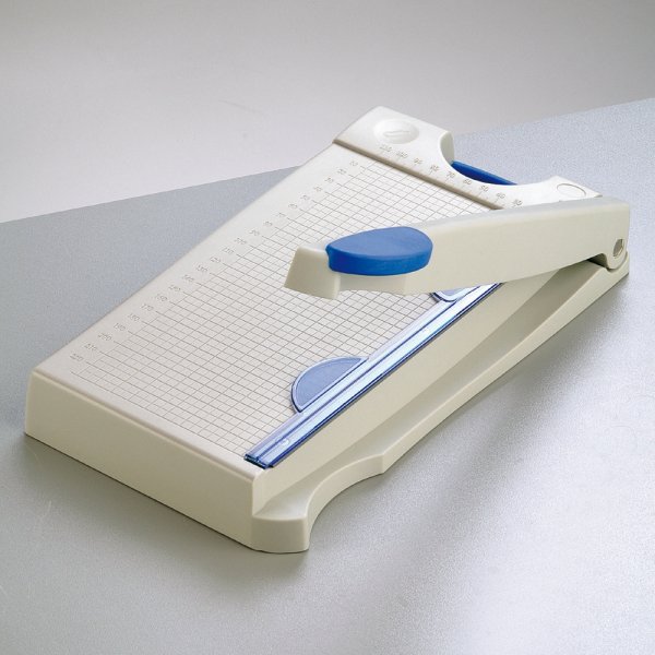 Pappersskrare med fllarm A4 / max. 22 cm - gr / bl mtnt / mjukt grepp