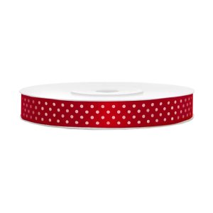 Satinband - R�d med vita prickar - 25 meter