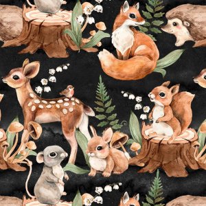 Mønstret Jersey 150 cm - Liljekonvall, Bambi, Rev Svart