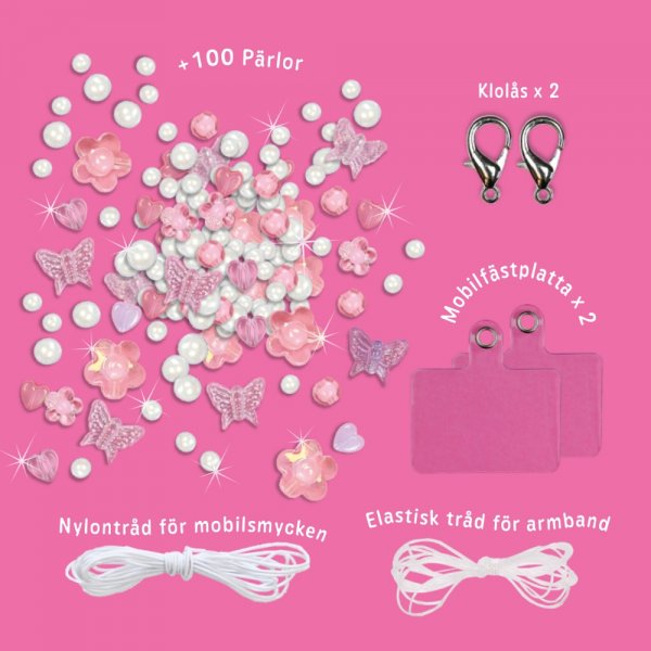 P�rlset mobil�smycke och armband rosa - g�r egna