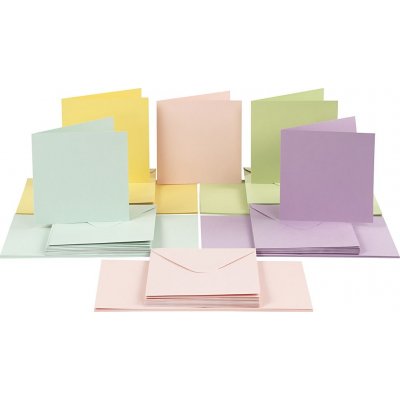 Kort og konvolutter - pastellfarger 16 x 16 cm - 50 sett