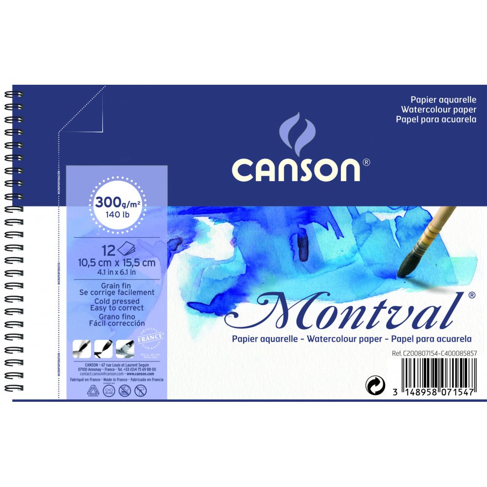 Canson Montval 300 g Fin - 10,5x15,5 cm (m/huller) - Akvarelpapir, Blok