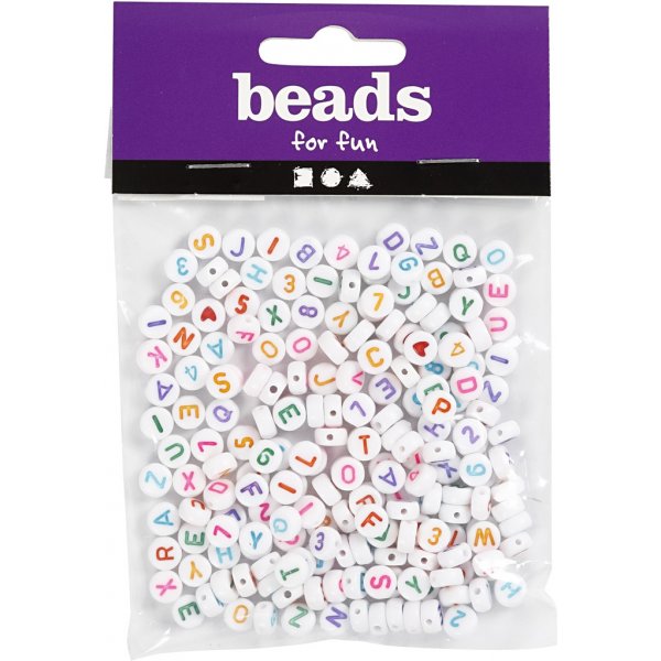 Bokstavspärlor - Vit/blandade färger - Ø7 mm - ca 200 st Bokstavspärlor - Vit/blandade färger - Ø7 mm - ca 200 st